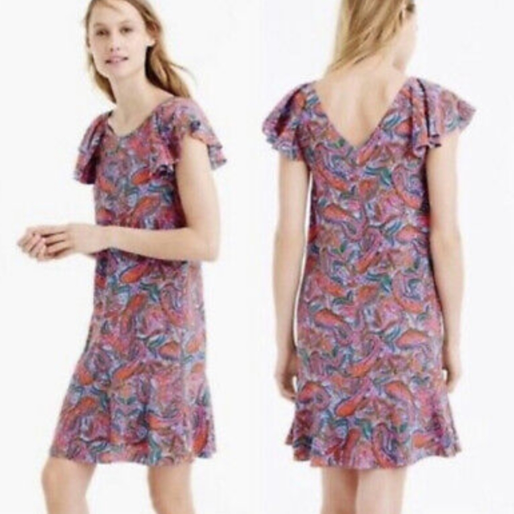 J Crew Purple Pink Paisley Print Silk Flutter Sleeve Dress Sz 00
